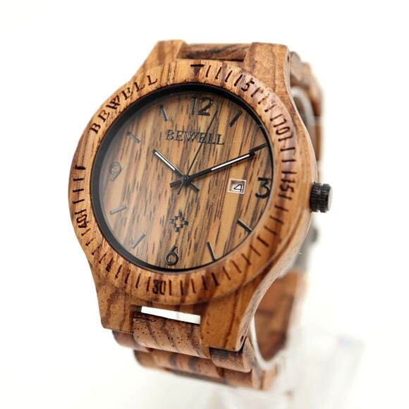 Bewell Mens Wooden 44mm Date Watch Hand Crafted Wood Bracelet w New Battery - Picture 1 of 14